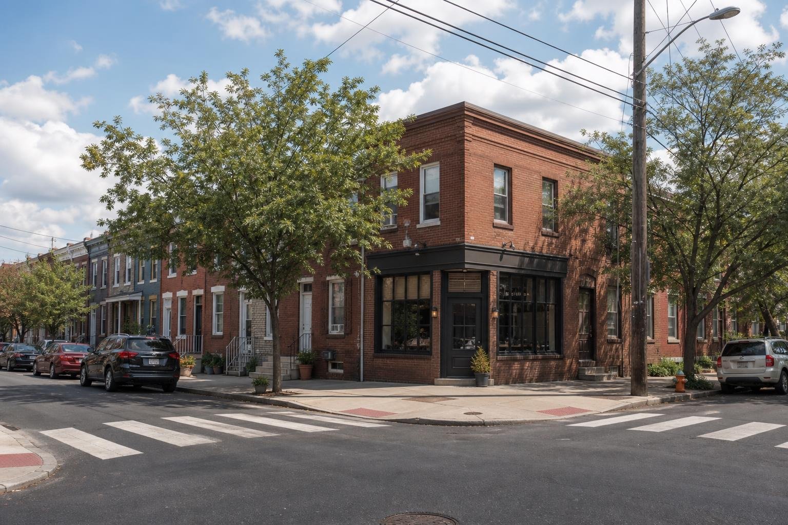 A quiet urban street corner with brick row houses, parked cars, and trees under a bright sky.